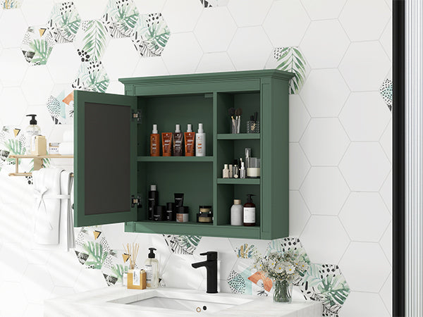 English Elm 30'' Modern Medicine Cabinet Wall Mirror with Hidden Storage and Adjustable Open Shelves for Bath Green WF318452AAF
