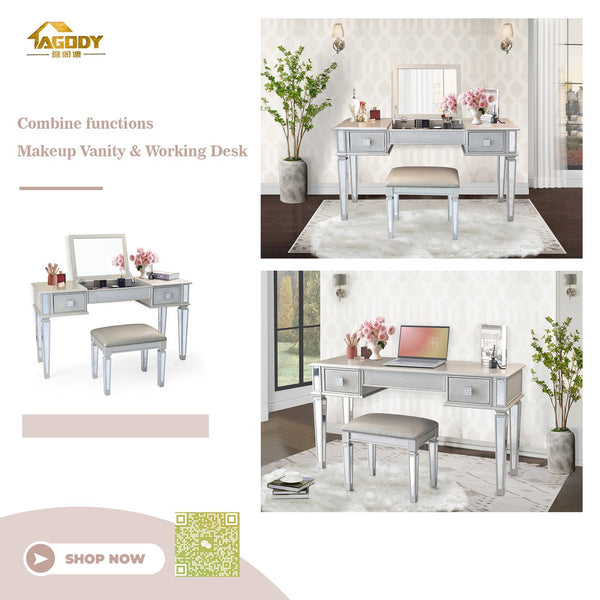 English Elm Mirrored Vanity Desk with Drawers, Silver Flip-Up Makeup Table Set with Stool, Crystal Knobs, Storage W2170140324
