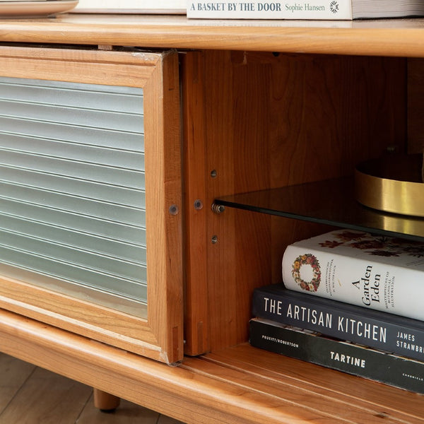 English Elm Walnut Finish Solid Red Oak Media Console with Glass Doors and Two Drawer Storage W1283130100