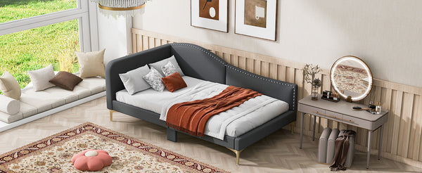 English Elm Twin Upholstered Daybed with Headboard and Armrest, Linen-Blend Finish, Guardrails, Solid Pine Frame Grey WF318293AAE