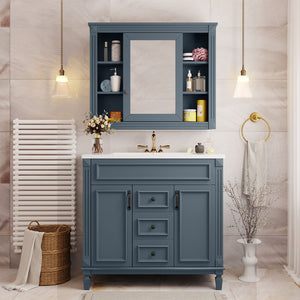 English Elm 36'' Bathroom Vanity with Sink and Mirror Cabinet, Modern MDF & Solid Wood Design, Ceramic Top, Soft-Close Doors Blue SW000115AAC-1
