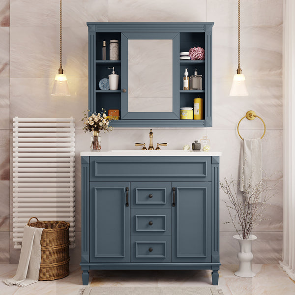 English Elm 36'' Bathroom Vanity with Sink and Mirror Cabinet, Modern MDF & Solid Wood Design, Ceramic Top, Soft-Close Doors Blue SW000115AAC-1