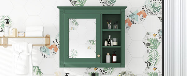 English Elm 30'' Modern Medicine Cabinet Wall Mirror with Hidden Storage and Adjustable Open Shelves for Bath Green WF318452AAF