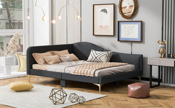 English Elm Full Full Size Upholstered Daybed with Headboard and Armrest, Linen-Blend Fabric, Solid Pine Frame, Guardrails for Guests and Lounging Grey WF318303AAE