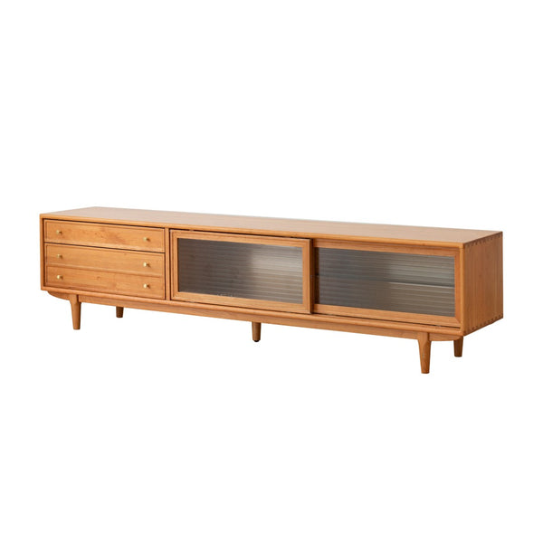 English Elm Walnut Finish Solid Red Oak Media Console with Glass Doors and Two Drawer Storage W1283130100