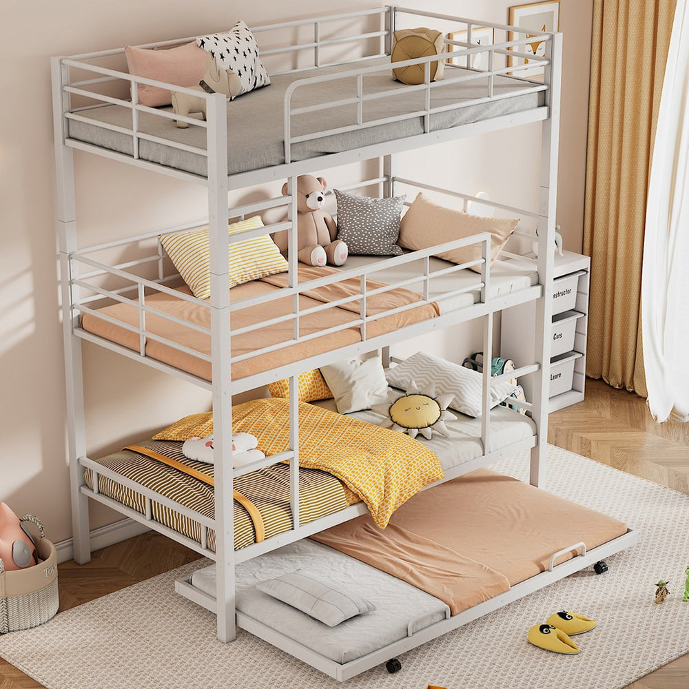 English Elm Metal Triple Twin Bunk Bed with Trundle White – Heavy-Duty Steel Frame, Space-Saving, Guardrails, 78.7"H Antique White GX000647AAK