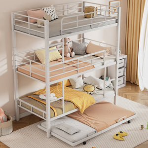 English Elm Metal Triple Twin Bunk Bed with Trundle White – Heavy-Duty Steel Frame, Space-Saving, Guardrails, 78.7"H Antique White GX000647AAK