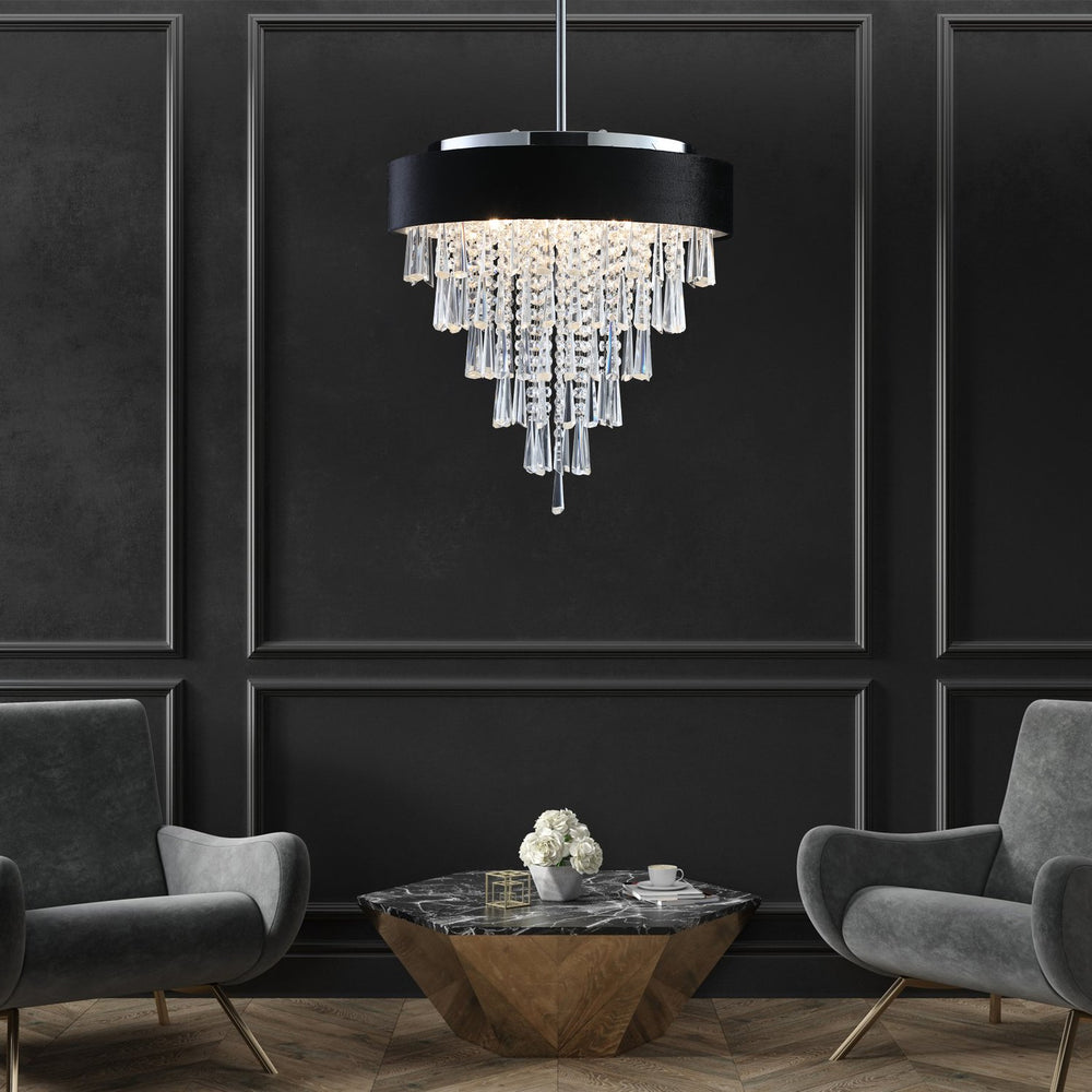English Elm 18-inch Modern Crystal Chandelier with Black Velvet Shade, Adjustable Height, 8-Light G9 Elegance W1340120175