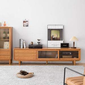 English Elm Walnut Finish Solid Red Oak Media Console with Glass Doors and Two Drawer Storage W1283130100