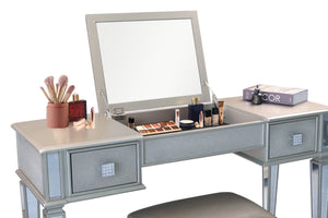 English Elm Mirrored Vanity Desk with Drawers, Silver Flip-Up Makeup Table Set with Stool, Crystal Knobs, Storage W2170140324