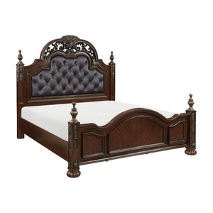 English Elm Formal Queen Bed Cherry Wood Carved Acanthus Tufted Upholstered Headboard Bedroom B011S00822