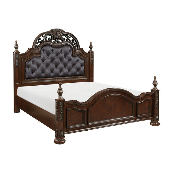English Elm Formal Queen Bed Cherry Wood Carved Acanthus Tufted Upholstered Headboard Bedroom B011S00822