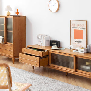 English Elm Walnut Finish Solid Red Oak Media Console with Glass Doors and Two Drawer Storage W1283130100