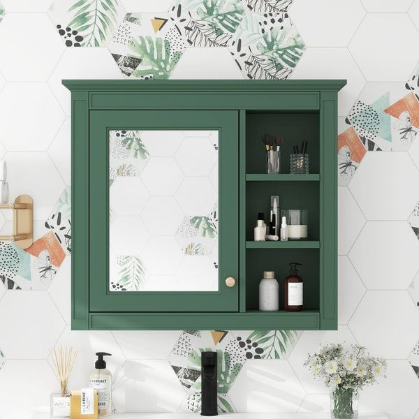 English Elm 30'' Modern Medicine Cabinet Wall Mirror with Hidden Storage and Adjustable Open Shelves for Bath Green WF318452AAF
