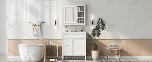 English Elm 30'' Modern Bathroom Vanity with Integrated Mirror Cabinet, Ceramic Sink, 3 Drawers & Ample Storage White SW000126AAK-1