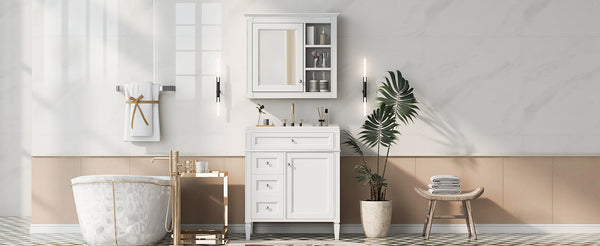 English Elm 30'' Modern Bathroom Vanity with Integrated Mirror Cabinet, Ceramic Sink, 3 Drawers & Ample Storage White SW000126AAK-1