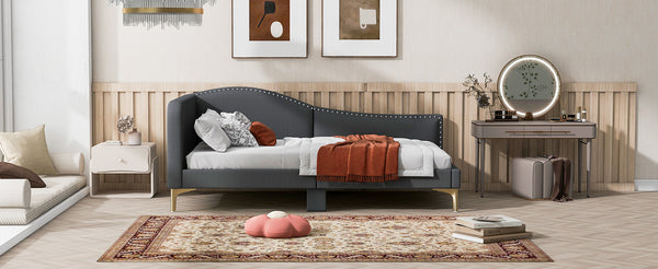 English Elm Twin Upholstered Daybed with Headboard and Armrest, Linen-Blend Finish, Guardrails, Solid Pine Frame Grey WF318293AAE