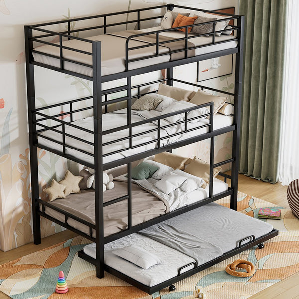 English Elm Metal Triple Twin Bunk Bed with Trundle White – Heavy-Duty Steel Frame, Space-Saving, Guardrails, 78.7"H Antique Black GX000647AAB