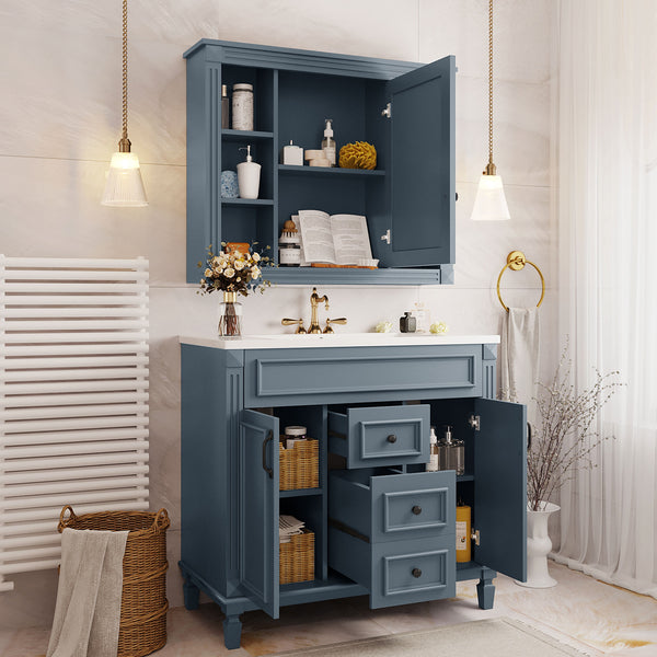 English Elm 36'' Bathroom Vanity with Sink and Mirror Cabinet, Modern MDF & Solid Wood Design, Ceramic Top, Soft-Close Doors Blue SW000115AAC-1