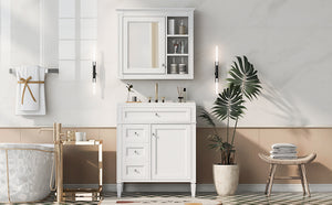 English Elm 30'' Modern Bathroom Vanity with Integrated Mirror Cabinet, Ceramic Sink, 3 Drawers & Ample Storage White SW000126AAK-1