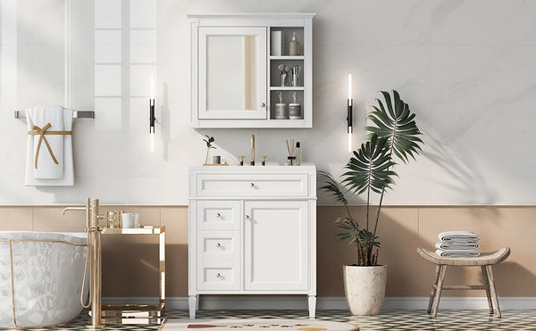 English Elm 30'' Modern Bathroom Vanity with Integrated Mirror Cabinet, Ceramic Sink, 3 Drawers & Ample Storage White SW000126AAK-1