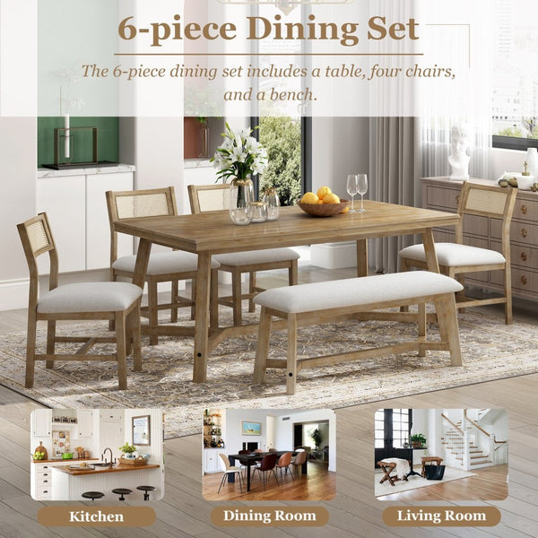 English Elm Trexm Six Seat Farmhouse Dining Set Oak Veneer Table Rattan Chairs Bench Included ST000119AAD