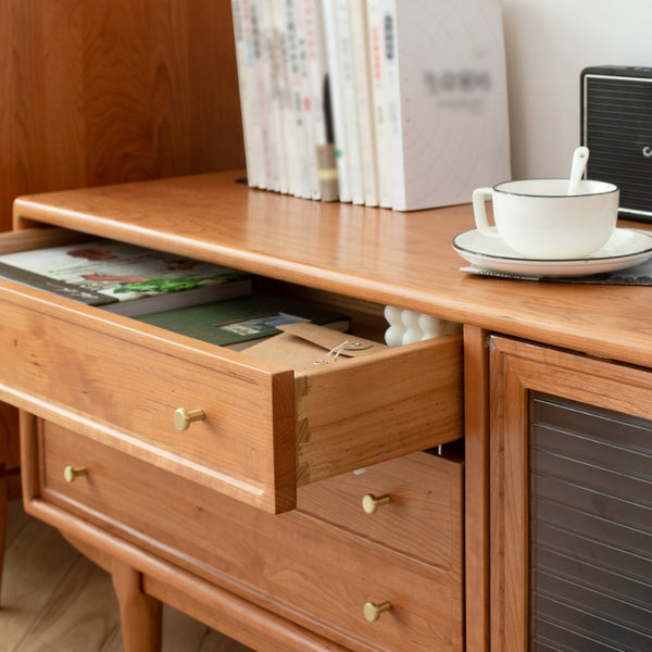English Elm Walnut Finish Solid Red Oak Media Console with Glass Doors and Two Drawer Storage W1283130100