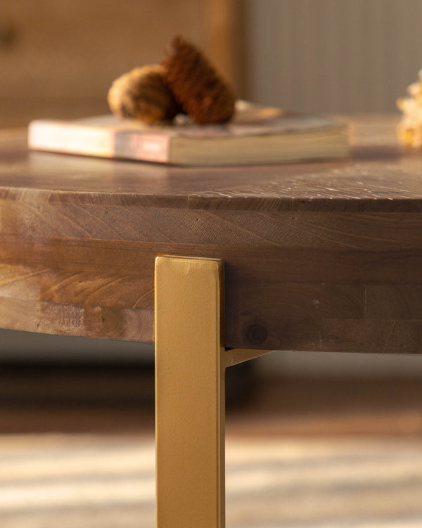 English Elm 33.86"Modern Retro Splicing Round Coffee Table with Fir Wood Top & Gold Cross Legs—Stylish Storage W757127348