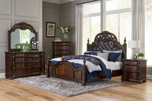 English Elm Formal Queen Bed Cherry Wood Carved Acanthus Tufted Upholstered Headboard Bedroom B011S00822