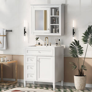 English Elm 30'' Modern Bathroom Vanity with Integrated Mirror Cabinet, Ceramic Sink, 3 Drawers & Ample Storage White SW000126AAK-1