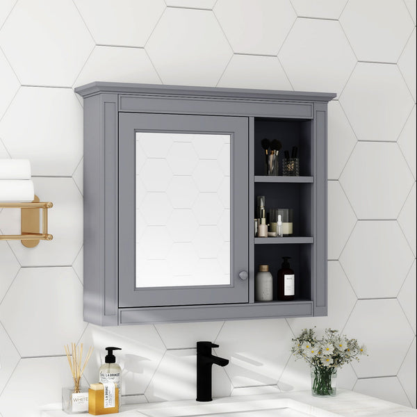 English Elm 30'' Modern Medicine Cabinet Wall Mirror with Hidden Storage and Adjustable Open Shelves for Bath Grey WF318452AAE