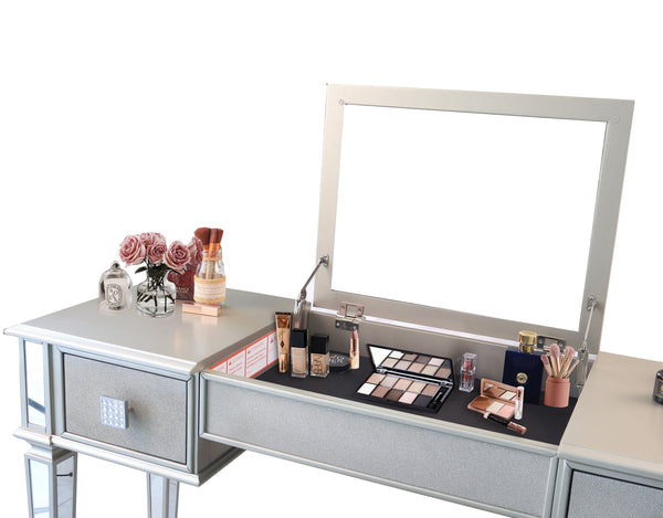 English Elm Mirrored Vanity Desk with Drawers, Silver Flip-Up Makeup Table Set with Stool, Crystal Knobs, Storage W2170140324