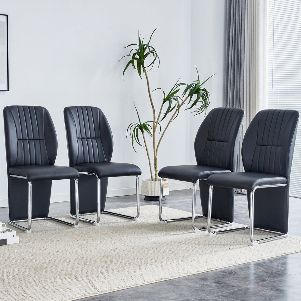 English Elm 2-pack Black Pu Leather Dining Chairs with Angled Silver Metal Legs Modern Set Black+Silver W1151P303600