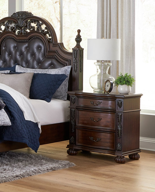 English Elm Classic Adelina Nightstand 3-Drawer Cherry Finish with Carved Acanthus Details & Bun Feet, 32"H B011P168484