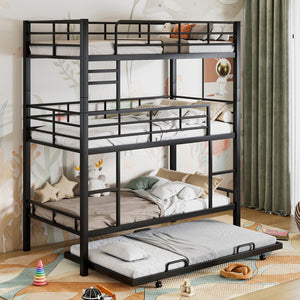 English Elm Metal Triple Twin Bunk Bed with Trundle White – Heavy-Duty Steel Frame, Space-Saving, Guardrails, 78.7"H Antique Black GX000647AAB