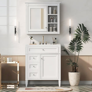 English Elm 30'' Modern Bathroom Vanity with Integrated Mirror Cabinet, Ceramic Sink, 3 Drawers & Ample Storage White SW000126AAK-1