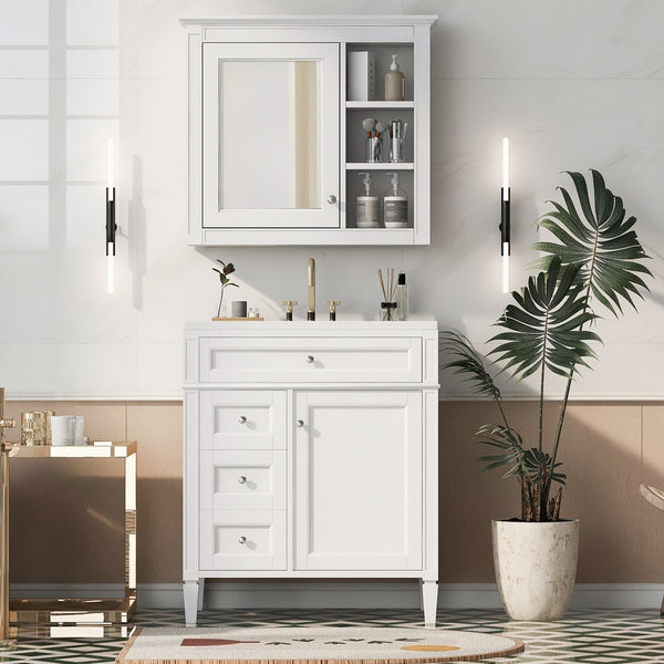 English Elm 30'' Modern Bathroom Vanity with Integrated Mirror Cabinet, Ceramic Sink, 3 Drawers & Ample Storage White SW000126AAK-1