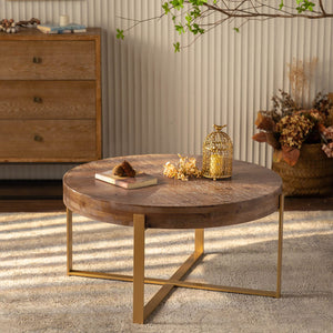 English Elm 33.86"Modern Retro Splicing Round Coffee Table with Fir Wood Top & Gold Cross Legs—Stylish Storage W757127348