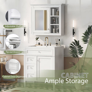 English Elm 30'' Modern Bathroom Vanity with Integrated Mirror Cabinet, Ceramic Sink, 3 Drawers & Ample Storage White SW000126AAK-1