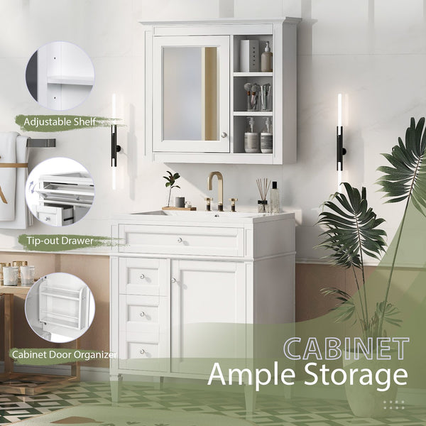 English Elm 30'' Modern Bathroom Vanity with Integrated Mirror Cabinet, Ceramic Sink, 3 Drawers & Ample Storage White SW000126AAK-1