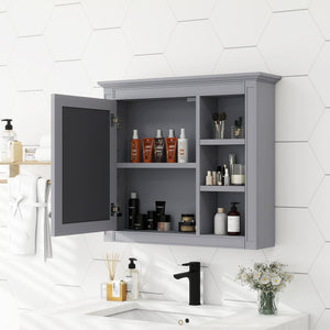 English Elm 30'' Modern Medicine Cabinet Wall Mirror with Hidden Storage and Adjustable Open Shelves for Bath Grey WF318452AAE