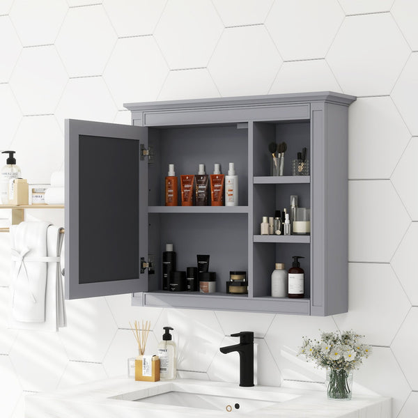 English Elm 30'' Modern Medicine Cabinet Wall Mirror with Hidden Storage and Adjustable Open Shelves for Bath Grey WF318452AAE
