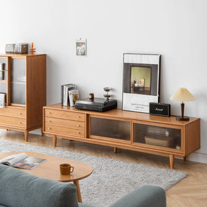 English Elm Walnut Finish Solid Red Oak Media Console with Glass Doors and Two Drawer Storage W1283130100