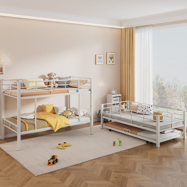 English Elm Metal Triple Twin Bunk Bed with Trundle White – Heavy-Duty Steel Frame, Space-Saving, Guardrails, 78.7"H Antique White GX000647AAK