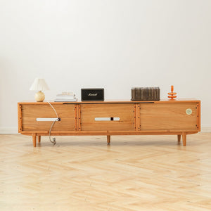 English Elm Walnut Finish Solid Red Oak Media Console with Glass Doors and Two Drawer Storage W1283130100