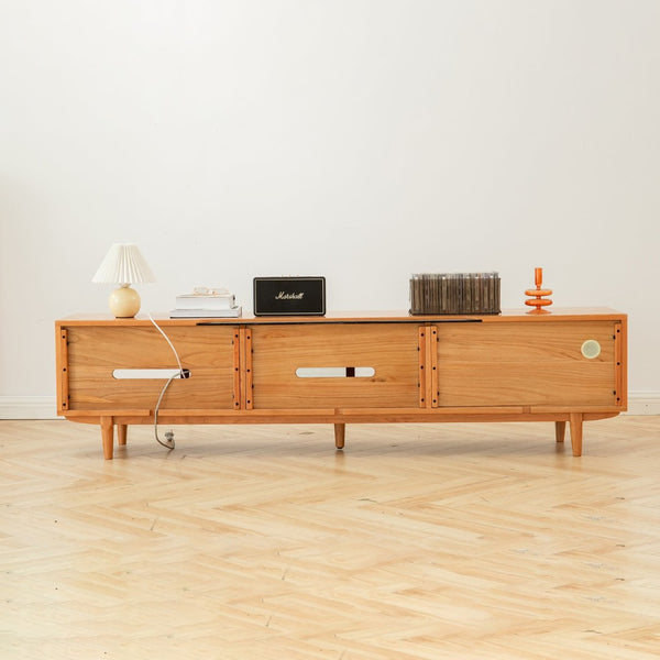 English Elm Walnut Finish Solid Red Oak Media Console with Glass Doors and Two Drawer Storage W1283130100