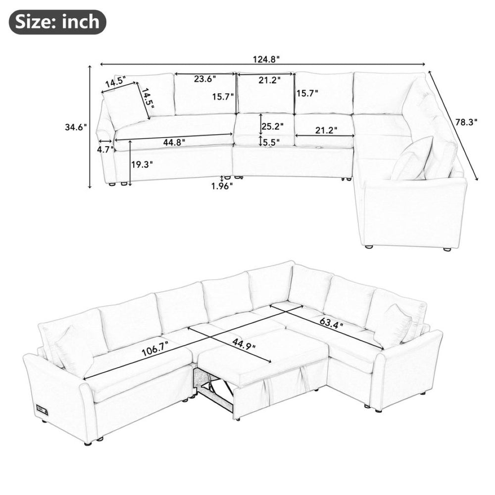 English Elm 124.8"l-shaped Chenille Sleeper Sectional with Usb Charging Corner Living Room Sofa SG001430AAA