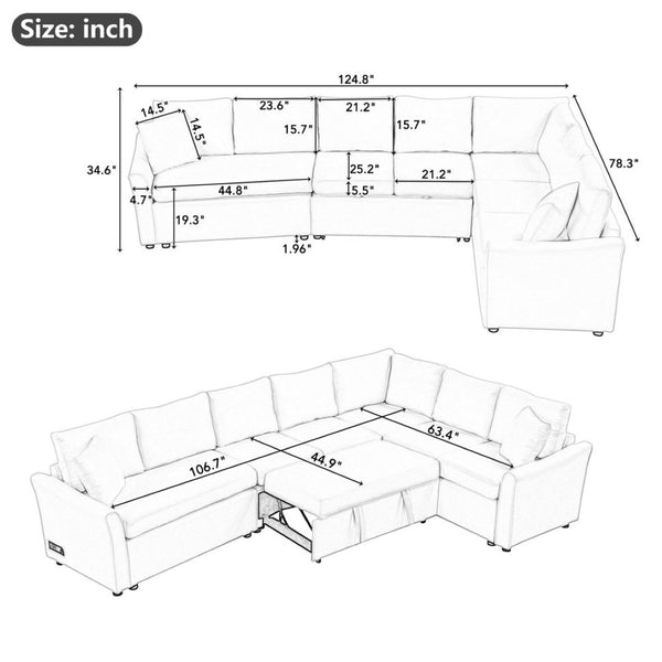 English Elm 124.8"l-shaped Chenille Sleeper Sectional with Usb Charging Corner Living Room Sofa SG001430AAA