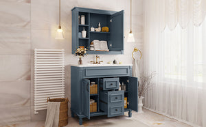 English Elm 36'' Bathroom Vanity with Sink and Mirror Cabinet, Modern MDF & Solid Wood Design, Ceramic Top, Soft-Close Doors Blue SW000115AAC-1