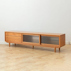 English Elm Walnut Finish Solid Red Oak Media Console with Glass Doors and Two Drawer Storage W1283130100